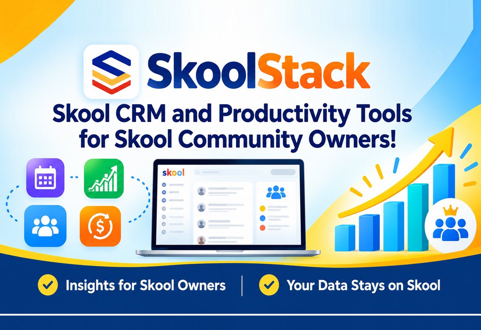 SkoolStack Dashboard tab showing the side panel open next to Skool
